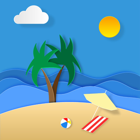 Paper art of summer holidays. Illustration of holiday on the islands. Palms. Sea. Beach ball. Sand. Sun and clouds. Umbrella and bedspreadのイラスト素材