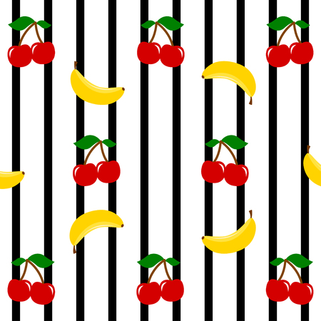 Cherries and bananas on a black stripes background, seamless pattern. Fruits backgroundのイラスト素材