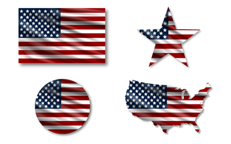 Flag USA. Star flag USA. USA map. American flag in circle. Set of american flags with shadowのイラスト素材