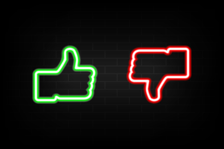 Neon Like and Dislike icons on background brick wall. Esp10のイラスト素材