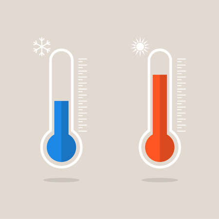 Thermometer icons measuring heat and cold. Thermometers showing hot and cold weather. Eps10のイラスト素材
