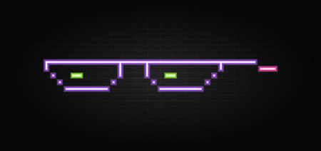Neon glasses pixel on building wall background. Glasses pixel neon. Eps10のイラスト素材