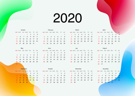 Template Calendar on 2020 year. Calendar design for 2019. Simple blue, green, red and orange background. Eps10のイラスト素材