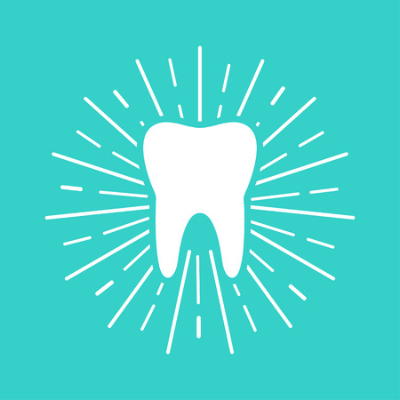 White Tooth with sun rays on blue background. Flat design. Eps10