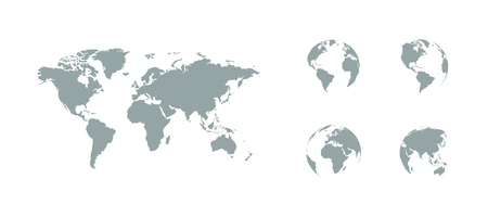 Earth map with earth globes. Earth Globes icons. World map. Earth in flat design. Eps10のイラスト素材