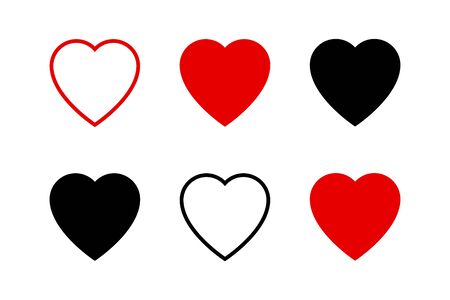 Hearts collection icons. Heart and Like icons. Concept of love. Love symbols. Set of hearts in trendy simple flat and line design. Heart isolated on white background. Outline Love vector signs. Social Like web buttons.のイラスト素材