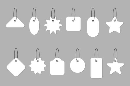 Blank white Tag price collection. Sale Tags or Labels on gray background. Paper blank discount labels and price tags different shapes in modern simple flat design. Vintage. Vector illustrationのイラスト素材