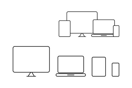 Device Vector Line Icons, isolated. Computer screen, Laptop, Tablet and Phone, Isolated on White Background in modern simple flat linear style for web design. Vector Illustrationのイラスト素材