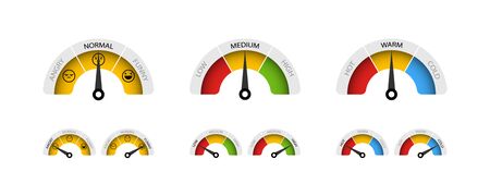 Rating Temperature, Customer Satisfaction and Emoticons. Collection Rating of different feedback, in view of Tachometer, Speedometer, Indicators. Angry, normal and funny emoticons. Low, medium, high feedback customer satisfaction. Cold, warm, hot temperature gauge. Vector illustrationのイラスト素材