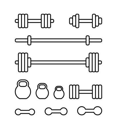 Set of sports equipment for gym. Barbell, kettlebell, barbell bar and dumbbell in linear style isolated on white background. Barbell icons set for web design. Sports equipment in a modern simple flat design. Vector illustration.のイラスト素材