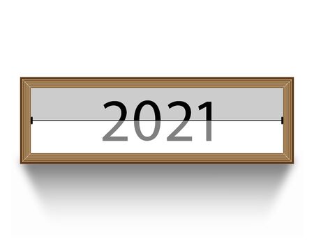Wood frame with screensaver 2021. Isolated vector illustration with shadow.