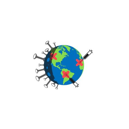 Coronavirus stop. Protection earth concept. Vaccine against the Virus. Earth globe with bacteria and syringes with vaccine in flat design. Vector illustration.のイラスト素材