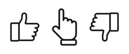 Thumbs up and down with pointing finger. Like and dislike vector icons, isolated. Like or Thumb up and down with pointing finger in linear design. Thumb up. Like. Dislike icon. Vector illustrationのイラスト素材