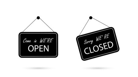 Open and closed sign board, isolated. Open with closed signboard in line design. Vector illustrationのイラスト素材