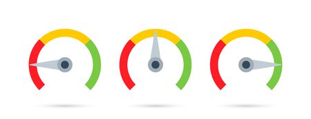 Speedometer. Feedback concept. Rating customer satisfaction meter. Colorful speedometer vector icon, isolated. Tachometer icons. Performance measurement symbol. Vector illustrationのイラスト素材
