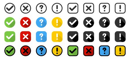Buttons. Check mark and cross with question and exclamation signs, isolated. Signs collection in circle and square with shadow in flat design. Vector illustrationのイラスト素材