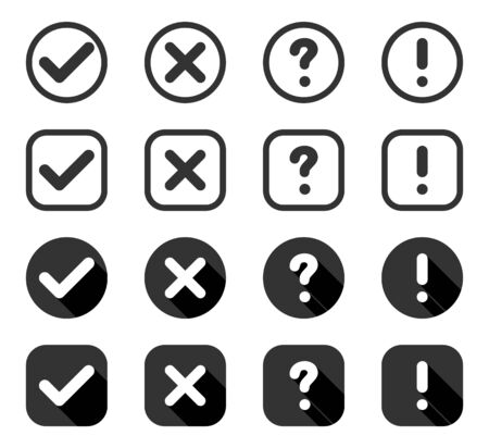 Buttons. Check mark and cross with question and exclamation signs, isolated. Signs collection in circle and square in flat style for web design. Vector illustrationのイラスト素材