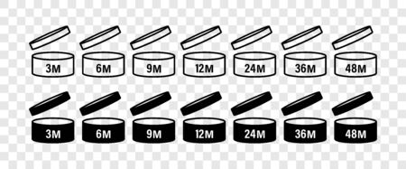 Pao signs. Pao icons. Cosmetic open month life shelf. Period after opening. Expiration period months PAO. Symbols set. Vector illustrationのイラスト素材