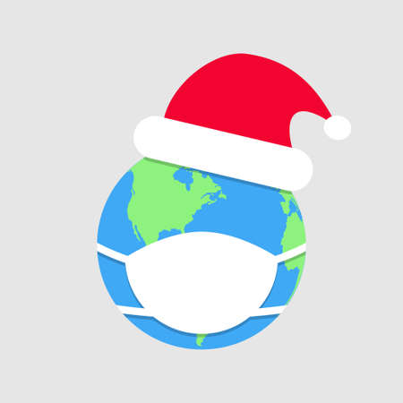 Virus Protection mask for Earth. Mask for earth. Earth globe with mask and claus hat in flat design. Christmas. Coronavirus. Protection Earth. Vector illustrationのイラスト素材