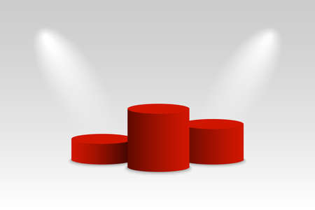 Podium. Winner podium. Red Pedestal with spotlights. Platform for winner. Pedestal mockup. Vector illustrationのイラスト素材