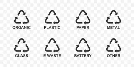 Recycle symbols. Recycle vector icons Organic, Plastic, Paper, Metal, Glass, E-Waste, Battery and other. Recycle black icons, isolated. Separation icons. Vector illustrationのイラスト素材