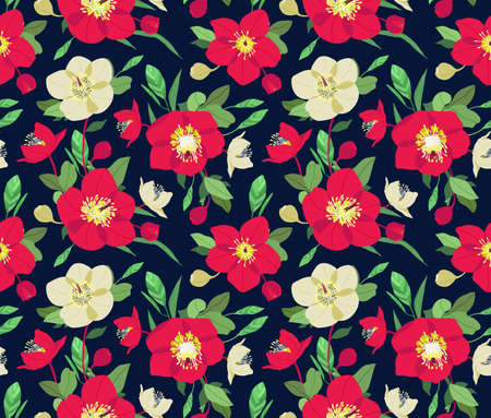 watercolor vector Christmas pattern with flowers hellebore, red berries, wild rose, dark backgroundのイラスト素材