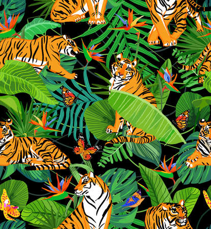 Seamless colorful pattern with tigers and different tropical plants, butterfly, orchid flowers and bird of paradise flowers on black background.のイラスト素材