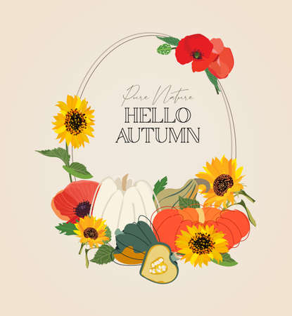 Hello autumn card. Design template with orange, white and green pumpkins, sunflowers and poppy flower. Vector Halloween illustration. Autumn harvest background. Fall season Pumpkin, poppy, sunflower on beige background. Bright illustration in a flat style.のイラスト素材
