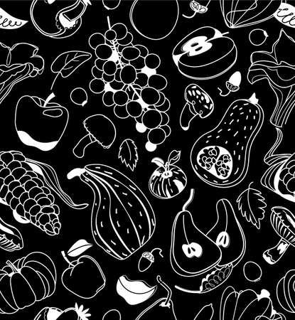 Harvest seamless pattern with white linear pumpkin, mushroom, grape, apples and pears on black background. Vector illustration.のイラスト素材