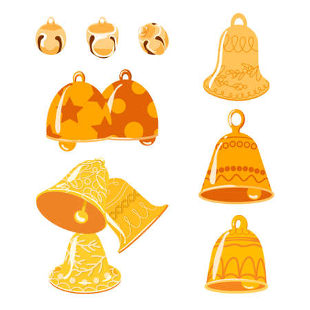 Christmas bells set. Holiday golden metal campane collection. Flat design elements. Isolated vector illustrationのイラスト素材