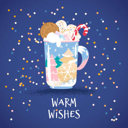 Winter card with hot cup of chocolate, cookie and marshmallows. Christmas beverage and candy with lettering Best Wishes.のイラスト素材