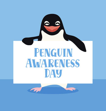 Penguin Awareness Day vector card on blue background. Cute penguin cartoon character. Pinguin hold sign with text . Penguin Day Poster, January 20. Important dayのイラスト素材