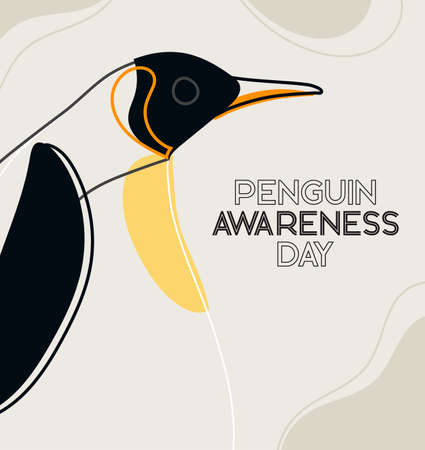 Penguin Awareness Day vector card on beige background. Line art penguin character. Modern trendy illustration. Penguin Day Poster, January 20のイラスト素材