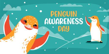 Penguin Awareness Day vector banner. January 20. Holiday concept. Template for background, social media, card, poster with text inscription. Flat style colorful illustrationのイラスト素材