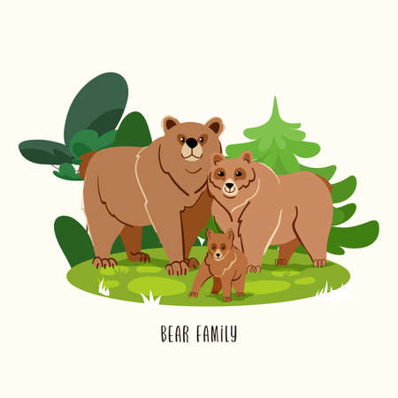 Cute bear family vector illustration with forest tree. Isolated on white background. Animal cartoon characterのイラスト素材