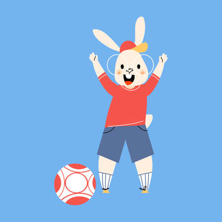 Rabbit bunny playing soccer. Cute football animal mascot in sports uniform cartoon vector illustrationのイラスト素材