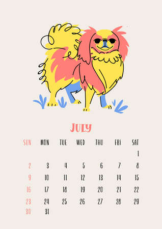 Vertical calendar for july 2023 with japanese chin dog. Isolated on beige background. Vector flat style illustration. Week starts on Sundayのイラスト素材