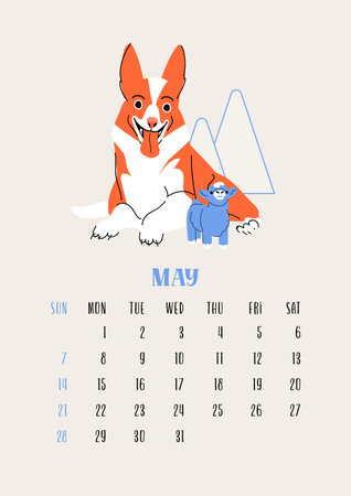 Vertical calendar for may 2023 with McNab dog. Isolated on beige background. Vector flat style illustration. Week starts on Sundayのイラスト素材