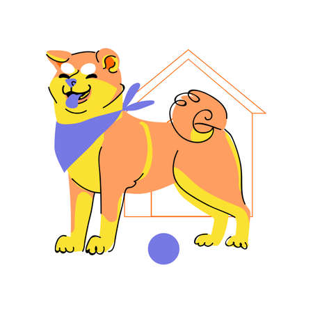 Cute Akita Inu with purple ball. Isolated on white background. Bright vector flat style illustrationのイラスト素材