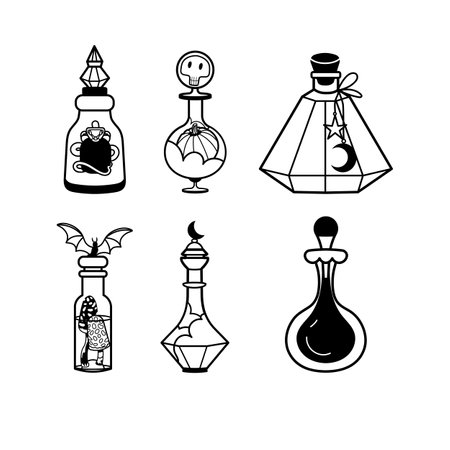 Magic potions bottle outline vector set. . Black and white Halloween doodle illustration objects on isolated white backgroundのイラスト素材