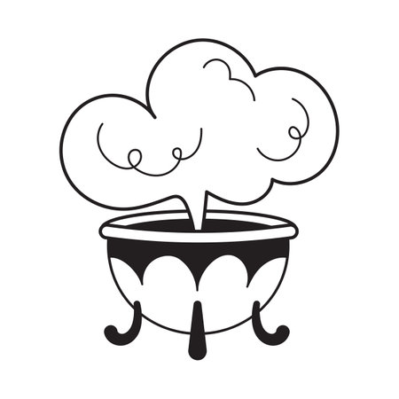 Potion witch magic cauldron, black outline style. Trendy vector line art illustration isolated on white background. Halloween itemのイラスト素材