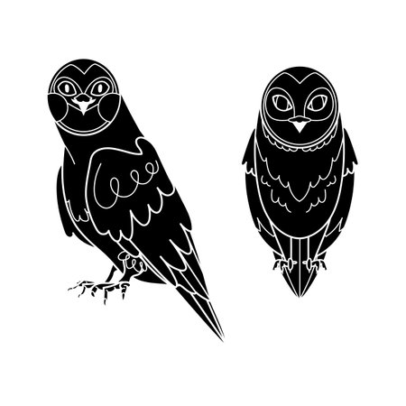 Silhouette black owl outline vector illustration isolated on white background. Forest bird line art characterのイラスト素材