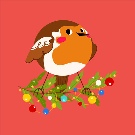 Cute Robin redbreast bird with fir tree branch and toys vector. Holiday winter Christmas card. Cartoon animal character flat illustrationのイラスト素材