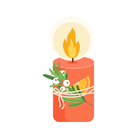 Christmas and New Year holiday red candle. Vector flat illustration in trendy styleのイラスト素材