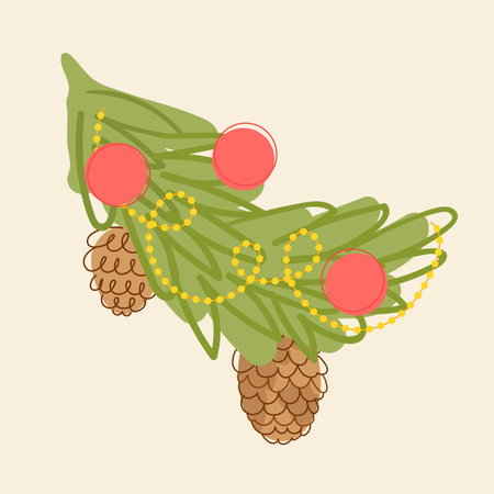 Christmas fir tree with cones, toys and garland. Winter holiday vector cute flat illustrationのイラスト素材