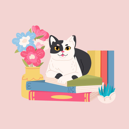 Cute cat sitting on book vector illustration isolated on pink background. Cozy home library. Read Book dayのイラスト素材