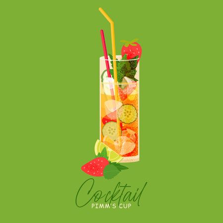 Pimm's cup cocktail with cucumber slice, strawberry, mint and ice cube isolated on green background. Summer Alcoholic drink based on citrus, cucumber, ale, liqueur and gin. Vector illustrationのイラスト素材