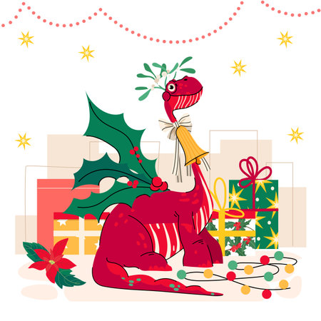 Christmas card with cute red dragon and gift boxes. Vector illustration.のイラスト素材