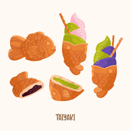 Taiyaki Japanese dessert fish-shaped cake filled with sweet red bean paste or Matcha vector set. Japan Asia traditional street food, ice cream delicious food illustrationのイラスト素材