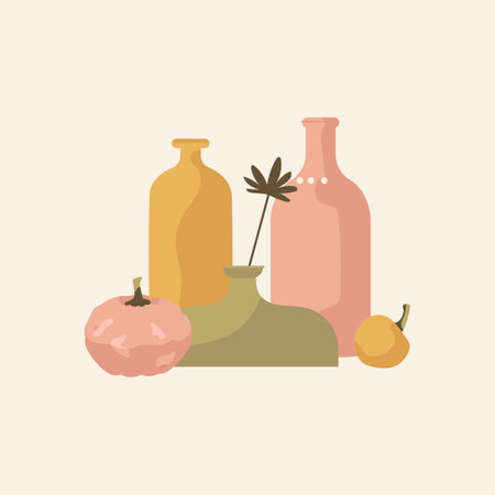 Flat style illustration of a set of bottles, jars and pumpkinのイラスト素材